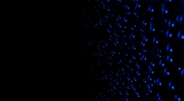 3d render black abstract background with blue metallic spheres.