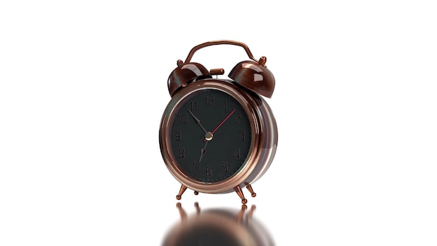 3d render black alarm clock in a gilded case on a white background