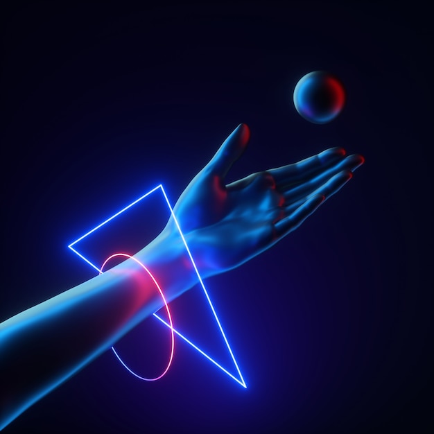 3d render of black artificial hand wear neon glowing geometric bracelets juggler throwing a ball