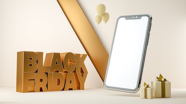 Photo 3d render. black friday sale banner background with a smart phone. template design for advertising