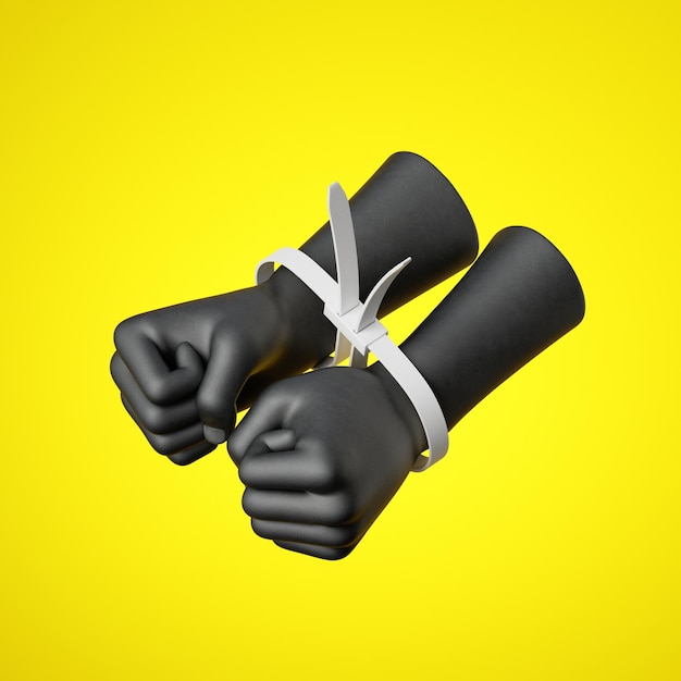 3d render black human hands fists tied with plastic zip ties isolated on yellow background