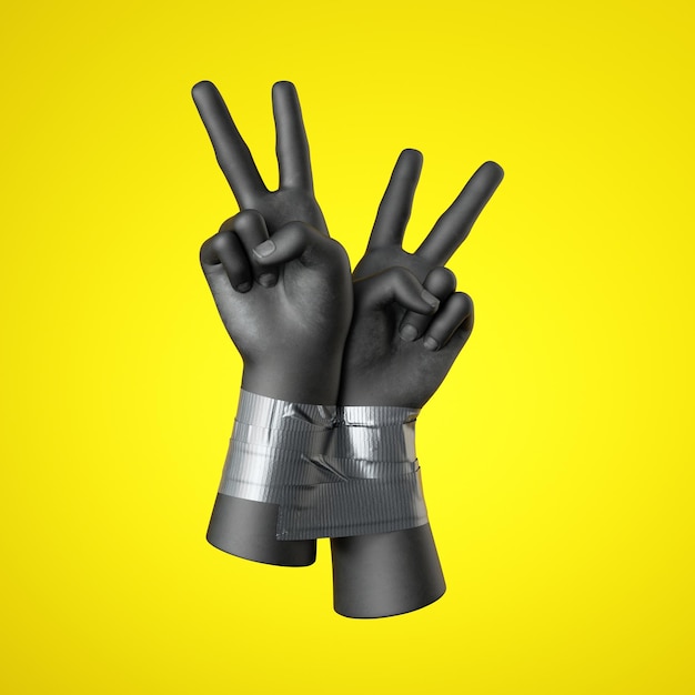 3d render black human hands tied with tape isolated on yellow background