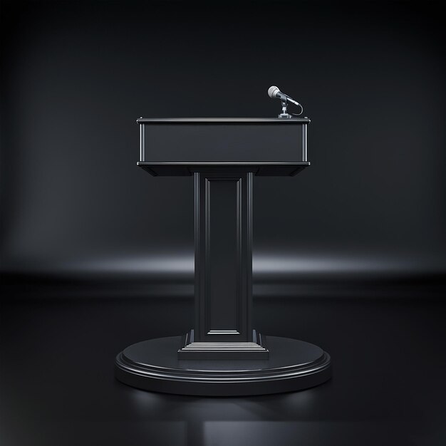 Photo a 3d render of a black podium microphone against a black background