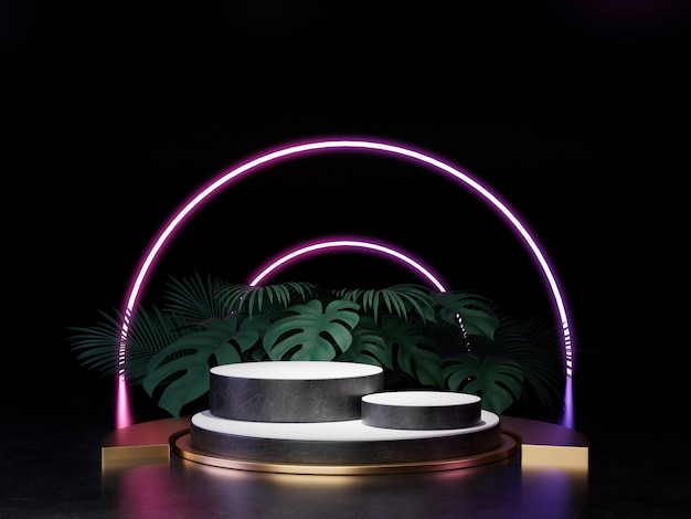 3d render of black white and gold pedestal podium on wall with neon stage light abstract minimal concept decorate with plant, blank space luxury minimal clean design 3d product present .