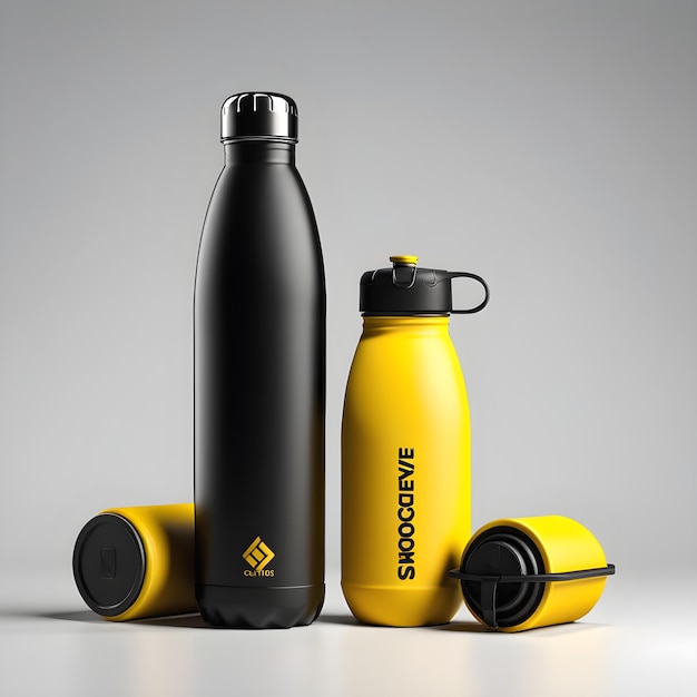 3d render of black and yellow thermo thermo bottle on gray background