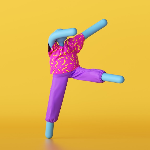 3d render of blue cartoon character wearing colorful summer clothes isolated on yellow background