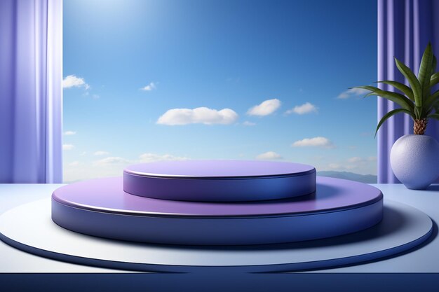 3D Render blue circular podium with a modern elegant and dynamic background