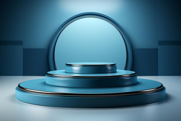 3D Render blue circular podium with a modern elegant and dynamic background