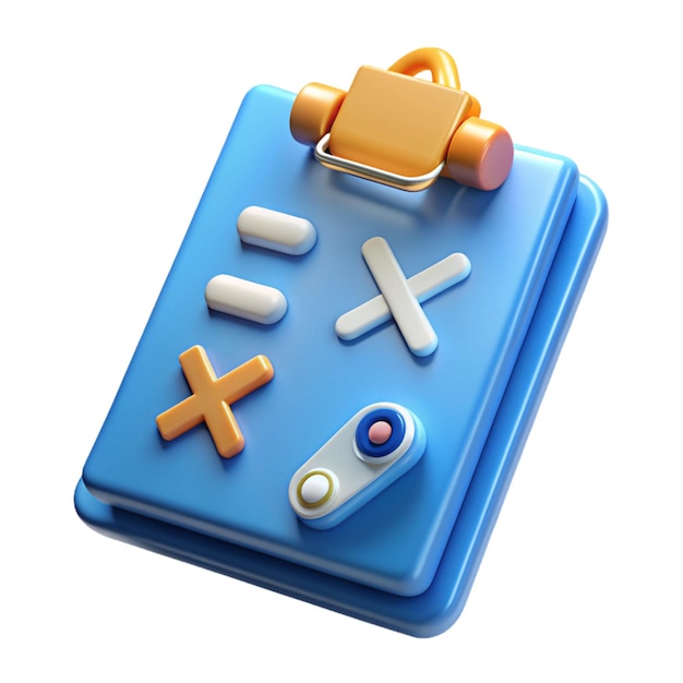 Photo 3d render of a blue clipboard with math symbols