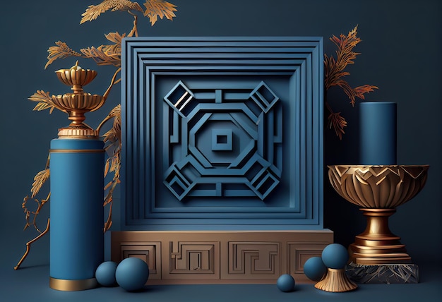 3d render of blue geometric podium and chinese decoration Generative Ai