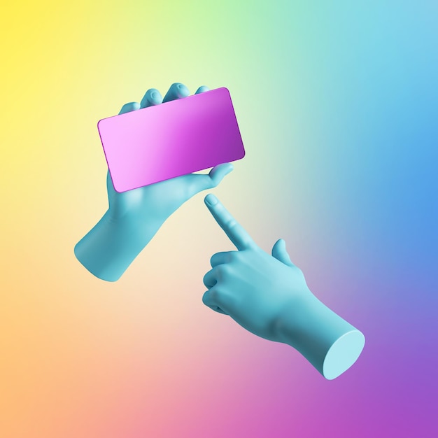 3d render blue hands hold pink smart phone digital device in horizontal position