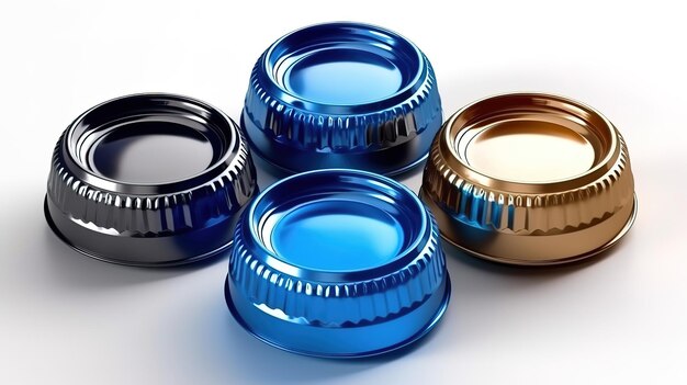 3d render blue metallic bottle caps set lids isolated on white background Generative Ai