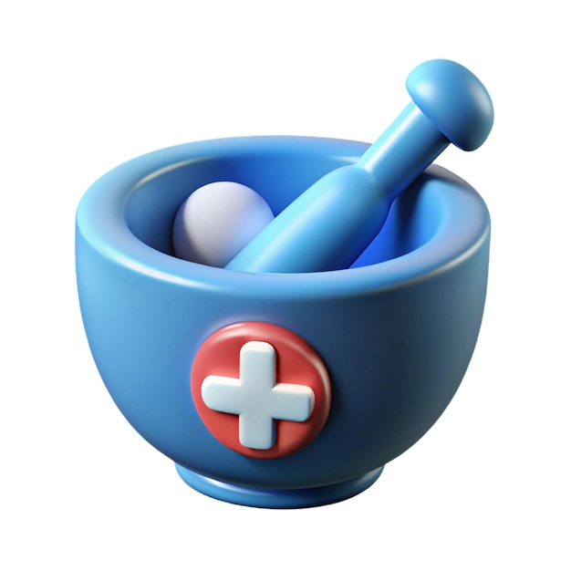 Photo 3d render of a blue mortar and pestle with a red cross symbol