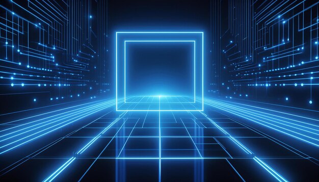 3d Render Blue neon light square with digital technology light background futuristic