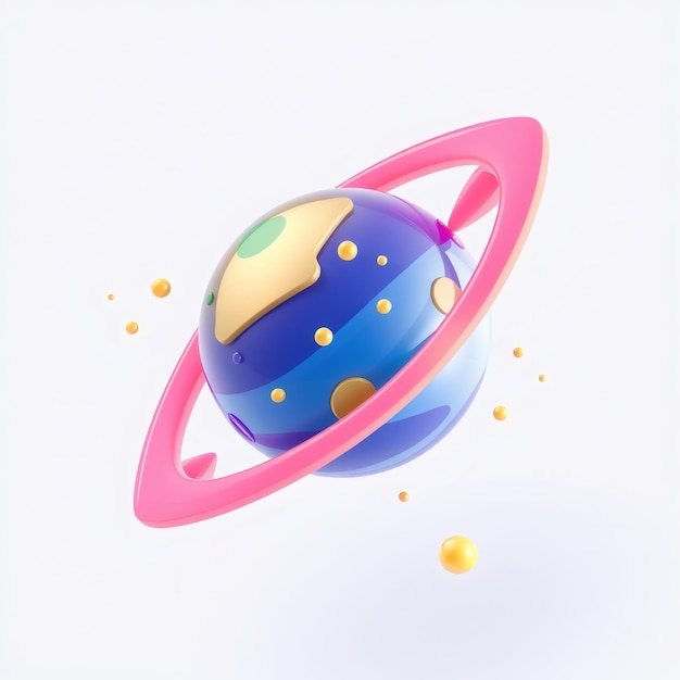 Photo 3d render of a blue planet with a pink ring and yellow moons on a white background