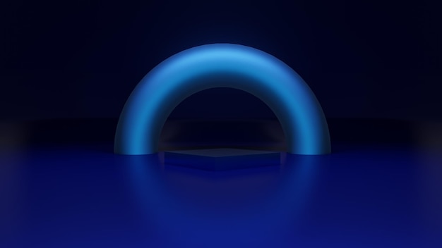 3D render blue semicircle product podium, on black background