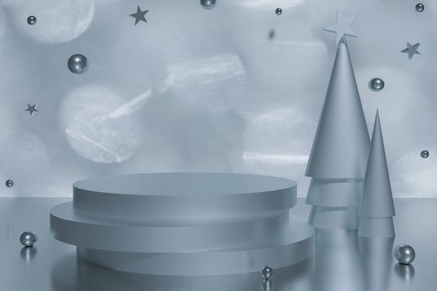 3d render of bluish silver podium with cone Christmas tree and flying stars and balls