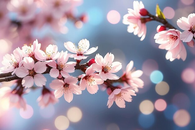 3D render of blurry cherry blossoms with bokeh lights