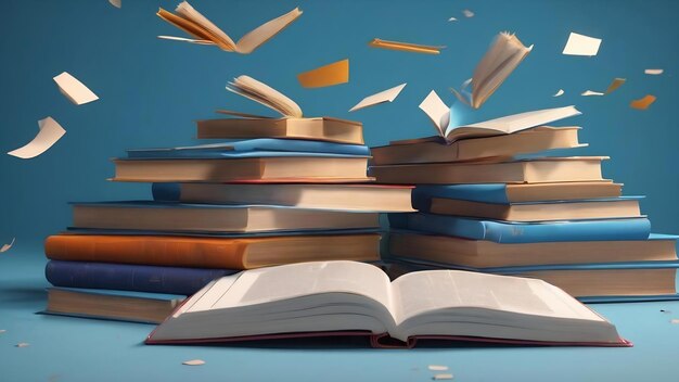 3d render books fly or fall on blue background