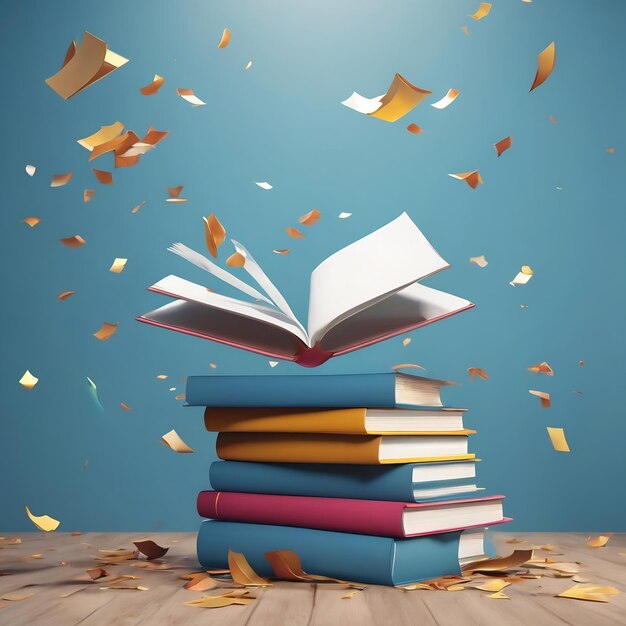 3d render books fly or fall on blue background