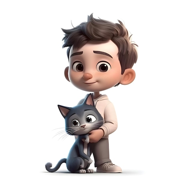 3D Render of a boy with a cat on a white background