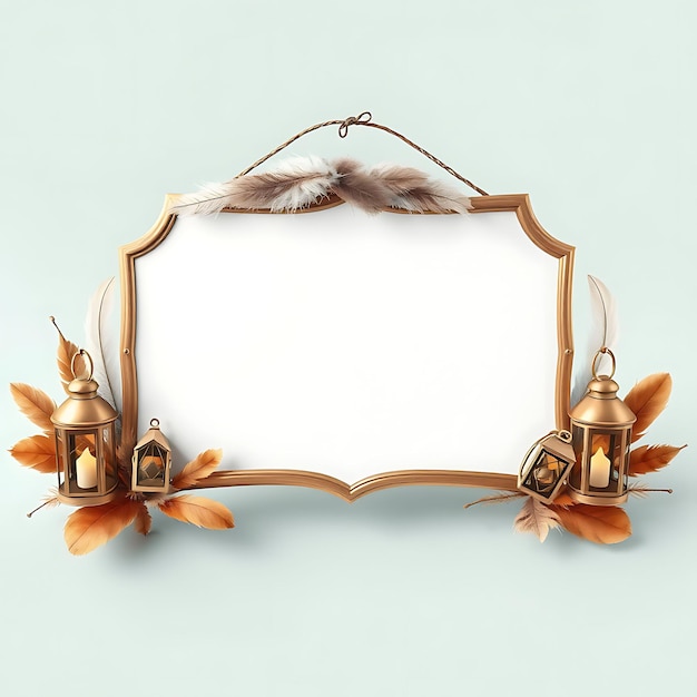 3D Render of Brass Blank Sign Board Feathers Dried Leaves Twigs La Inspired Floral Decorationsn