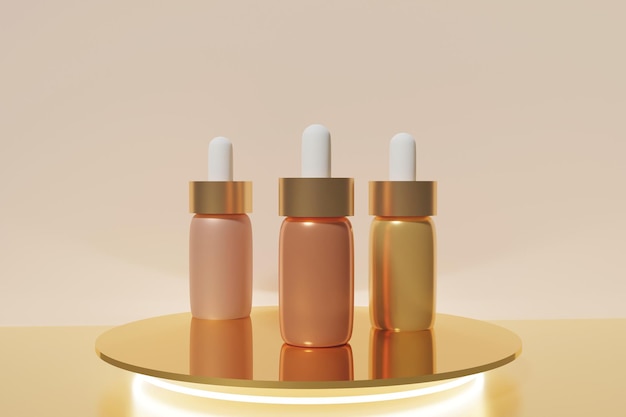 3d render of bronzers and highlighters with pipettes on a golden podium