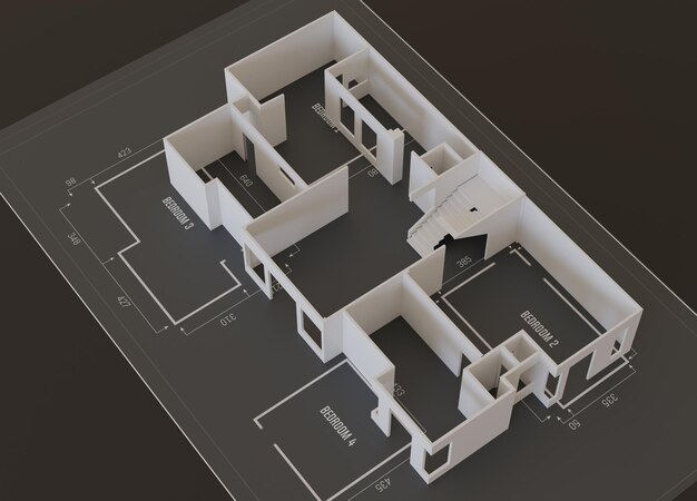 Photo 3d render building floorplan with architecture drawing on black background