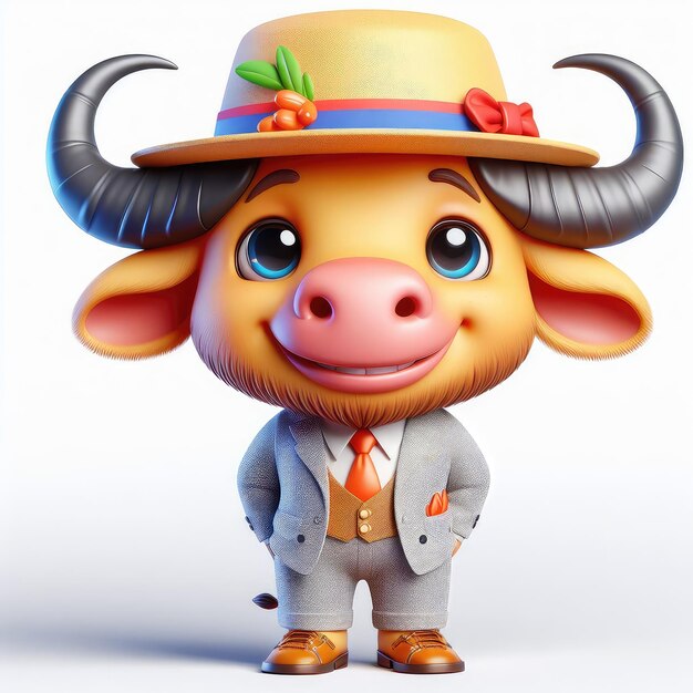 Photo 3d render of bull wearing hat and suite