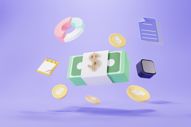 3d render of Bundle of cash or money around with floating graph coins and document Minimal clean design