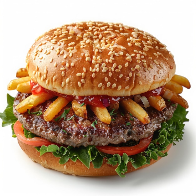 3d render of burger with fries on a white background