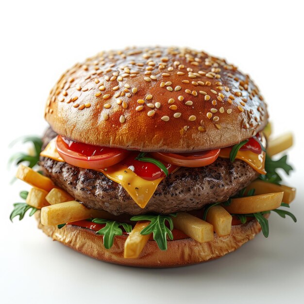 3d render of burger with fries on a white background