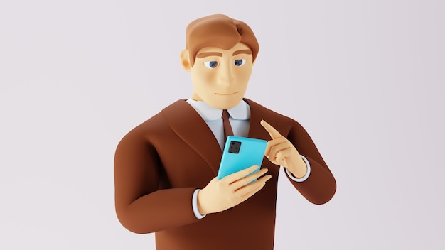 3D render of business man and mobile.