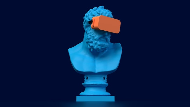 3d render bust of oatmeal in virtual glasses in the center of the blue and orange background metaverse