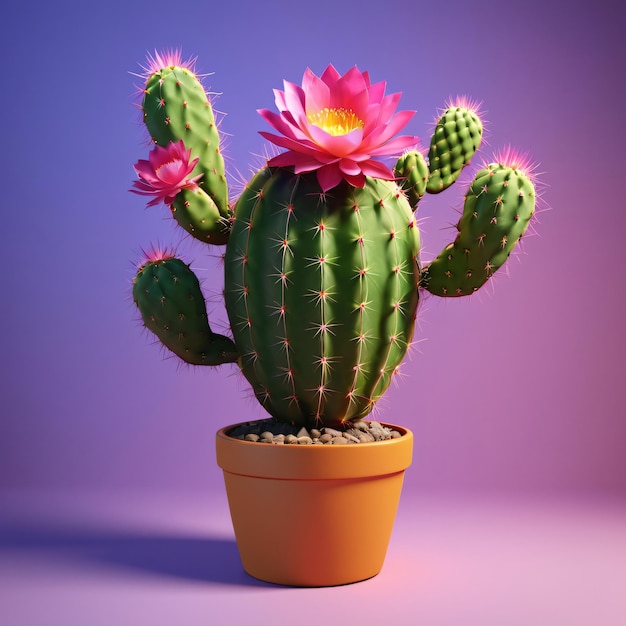 3D render of a cactus plant with pink flowers on a purple background