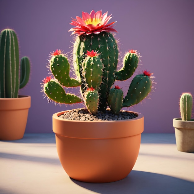 3D render of a cactus plant with a red flower in a pot