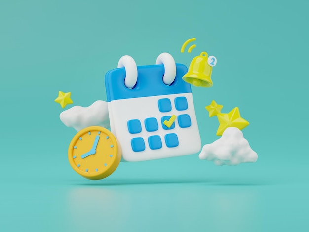 3d render of calendar with alarm clock and bell isolated on green