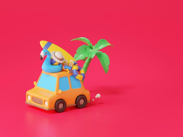 3d render of car is travelling with beach accessories Summer concept