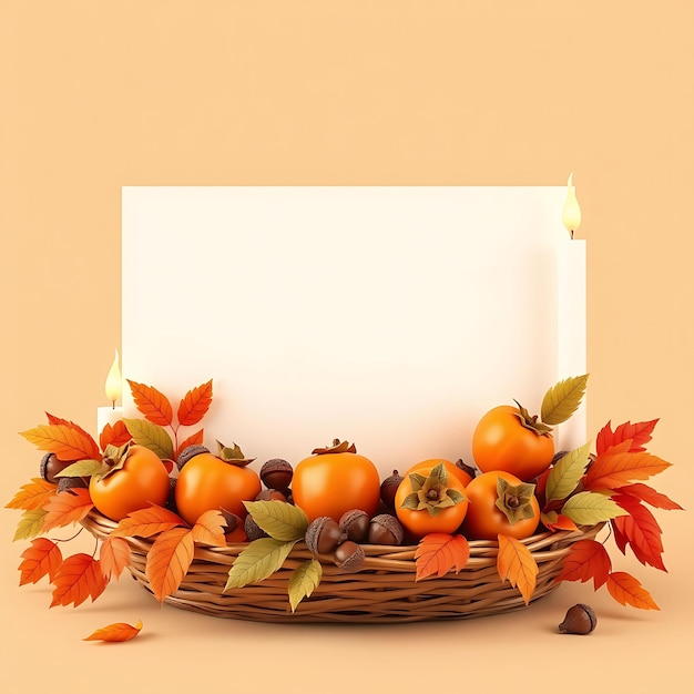 3D Render of Cardstock Blank Sign Board Persimmons Fall Leaves Acorns Led Candles Placed in a Basket