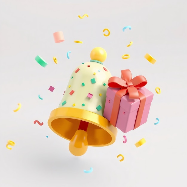 3D render of a cartoon bell and gift box with confetti