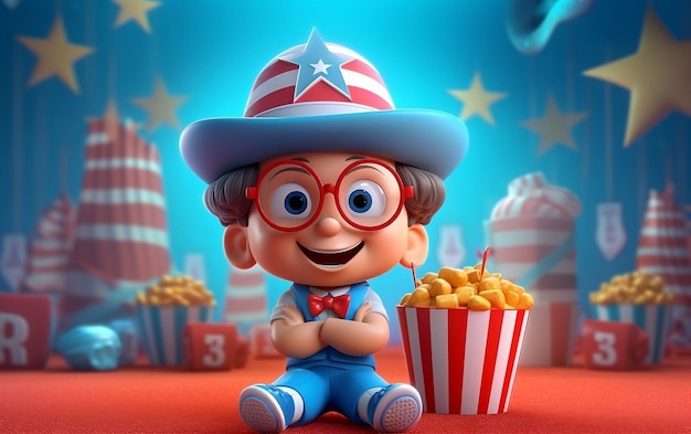 Photo 3d render cartoon celebrating america 4th july independence day usa flag hat and firecrackers