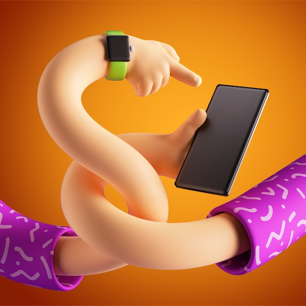 3d render cartoon character tangled elastic hands hold smart phone.