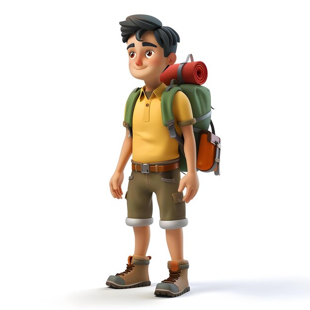 Photo 3d render of a cartoon character with backpacker on white background