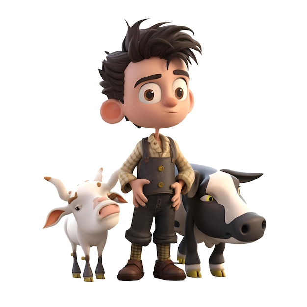 3D Render of a cartoon farmer with a cow and a pig