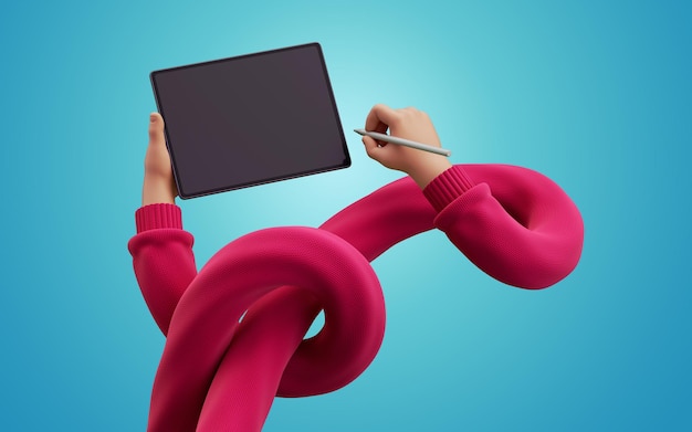 3d render cartoon flexible tangled hands in red sweater hold blank graphic pad