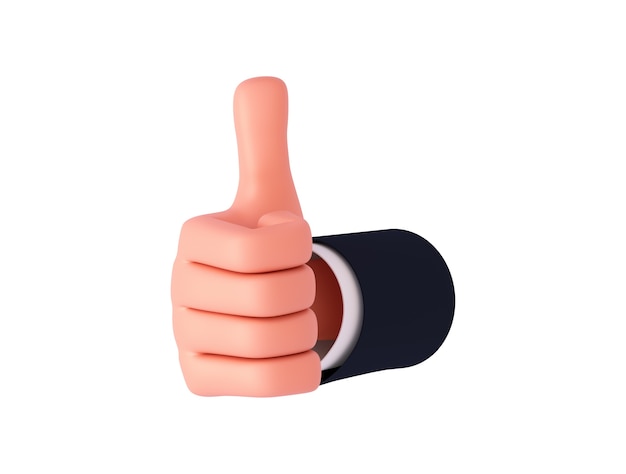 3D render, a cartoon hand with a sleeve turned slightly to the left shows a like sign. Hand gesture