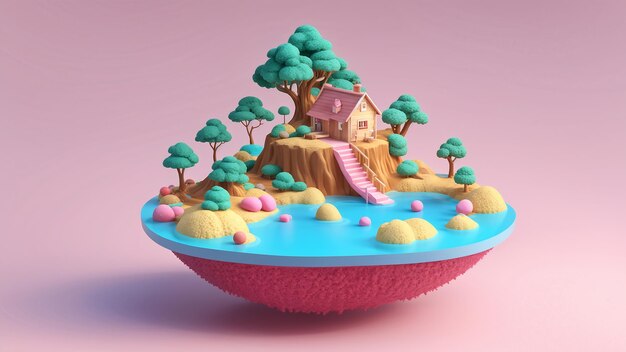 3D Render Of Cartoon House On The Island With Tree And Eggs