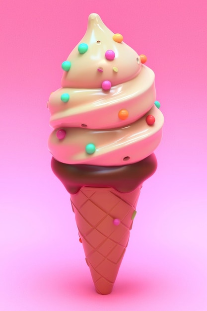 3D Render of a Cartoon Ice Cream Cone with Sprinkles