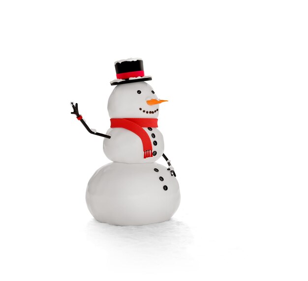 3d render cartoon stylized icon of Snowman in Red Hat Scarf isolated on white background