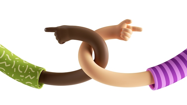 3d render of cartoon twisted elastic caucasian and african hands isolated on white background